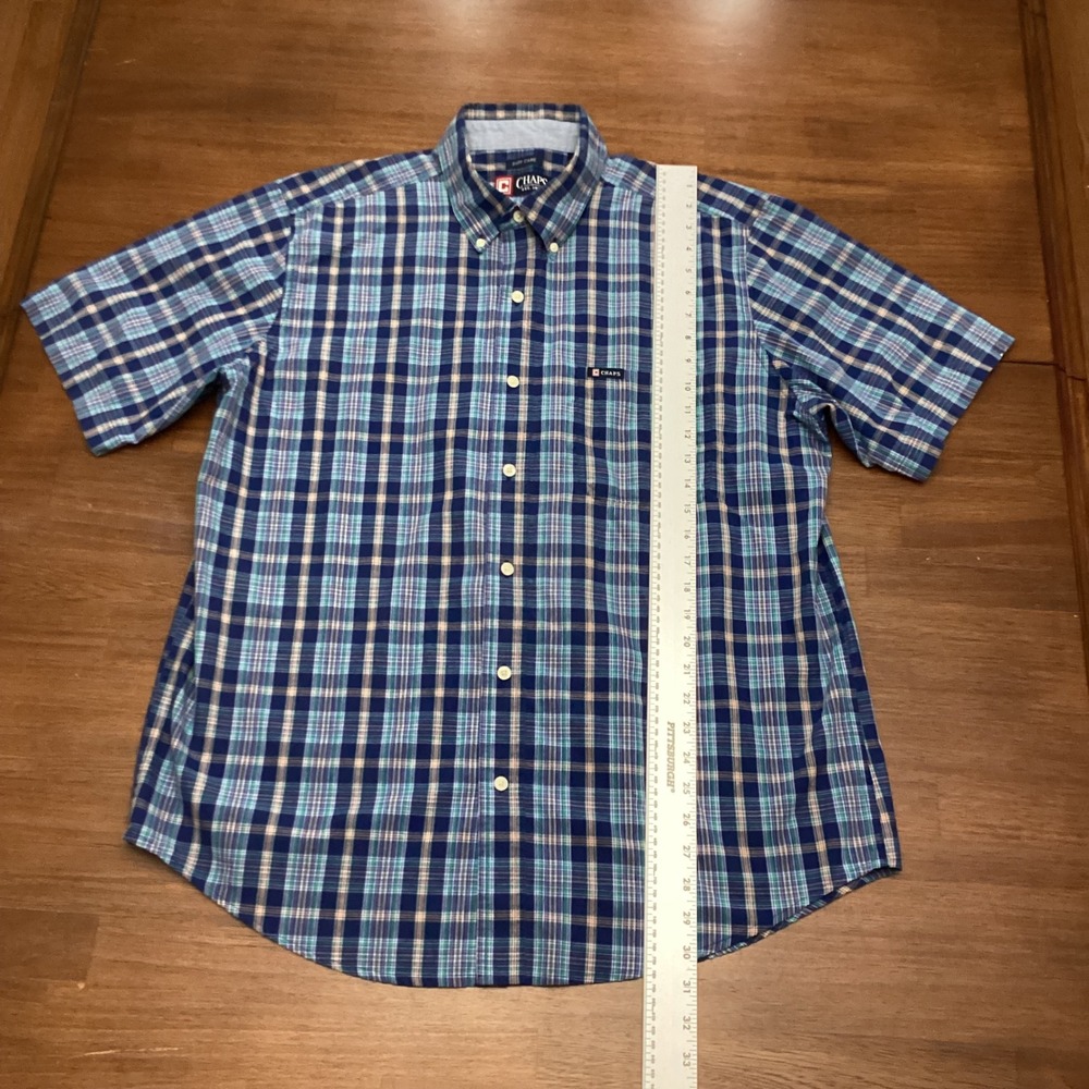 Chaps Mens Large Blue Green Plaid Easy Care Short Sleeve Button Down Shirt L - Picture 3 of 6